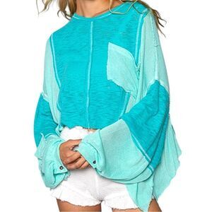 POL Oversized Top Boho Turquoise Green Round Contrast Stitching High-Low Large